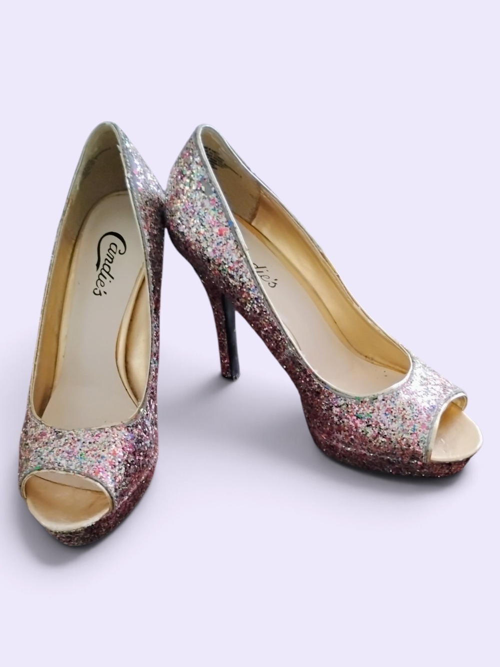 Candie's Cayunnis Multicolor Glitter Peep Toe Platform 4" Heels Gold Accents 8